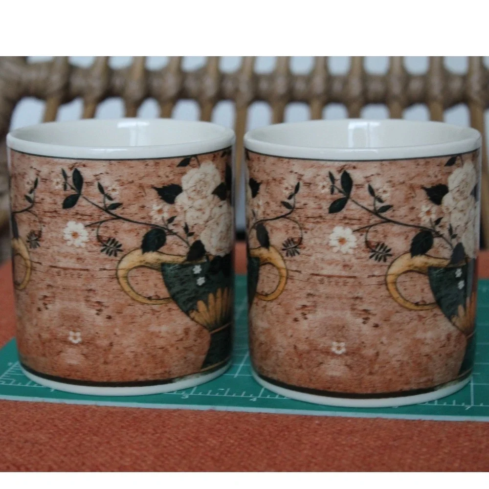 Sakura Warren Kimble White Roses Coffee Mugs Set of 2 Vintage 1997 Floral Brown - Picture 2 of 10